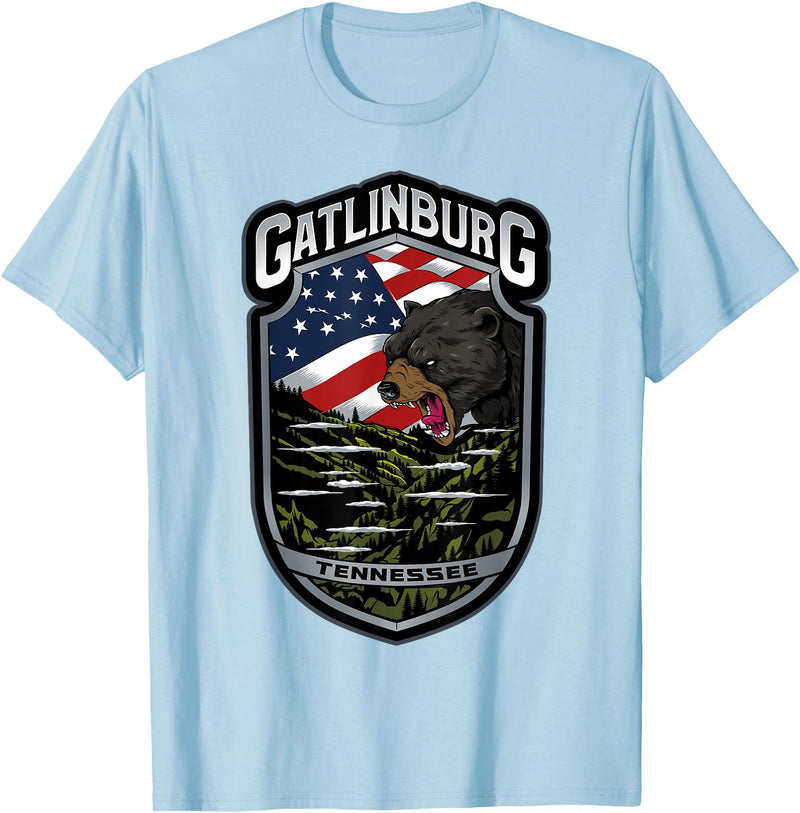 Great Smoky Mountains National Park Souvenirs Gatlinburg Tennessee Souvenirs Bears Gifts TN American Flag T-Shirt - Baby Blue