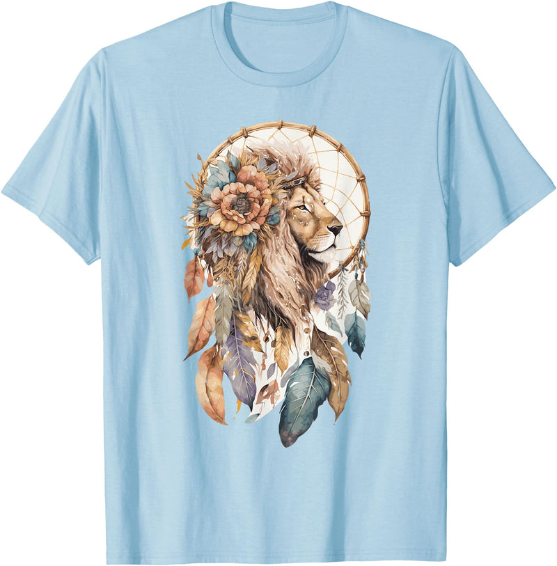 More Tribal Native American Totem Animal Art Lion Tribal Watercolor Lion Dream Catcher T-Shirt - Baby Blue