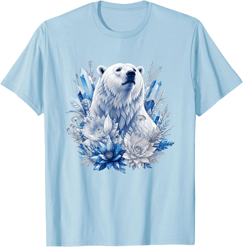 Arctic Polar Bear Crystal Flowers Nature Majestic Arctic Polar Bear with Ice Flowers Fantasy T-Shirt - Baby Blue