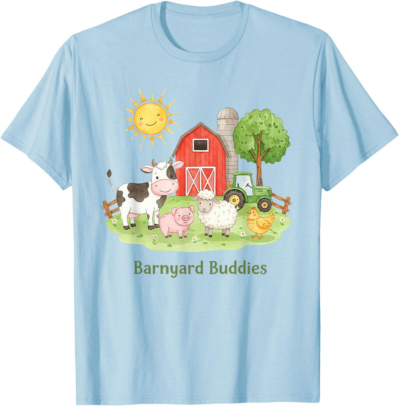 Little Barnyard Farm Apparel For Toddler & Kids Barnyard Buddies Cute Cow Sheep Pig Hen On The Farm Barnyard T-Shirt - Baby Blue