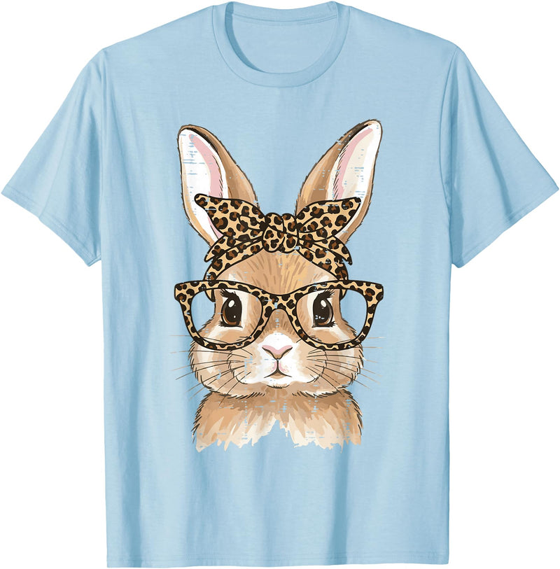 Easter Bunny Leopard Glasses Bandana Rabbit Women Girls Kids T-Shirt in Baby Blue