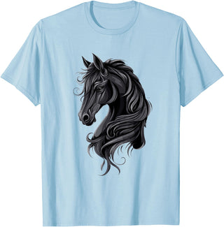 Artful Horse Designs Black Horse Portrait – Friesian Horse T-Shirt - Baby Blue