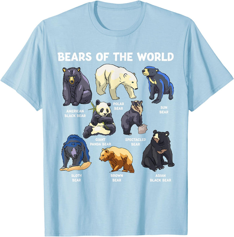 GoshWow Bears of The World Kawaii Types of Bears Wildlife Zoo Bear T-Shirt - Baby Blue