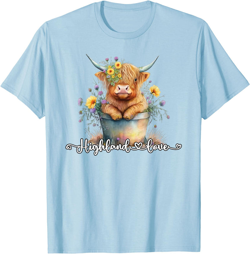 KAEDAM Gifts: Highland Cows Cute Baby Highland Cow Calf Love Spring Pastel Novelty T-Shirt - Baby Blue