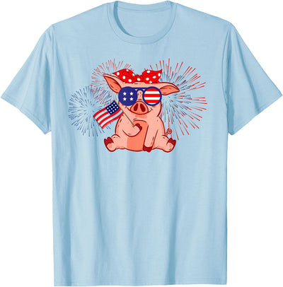 Cute Patriotic Pig with Glasses and Flag - 4th of July T-Shirt