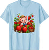 Kawaii Strawberry Piglet Farm Harvest Cute Farmer Pig Strawberry Patch Berry Picking T-Shirt - Baby Blue