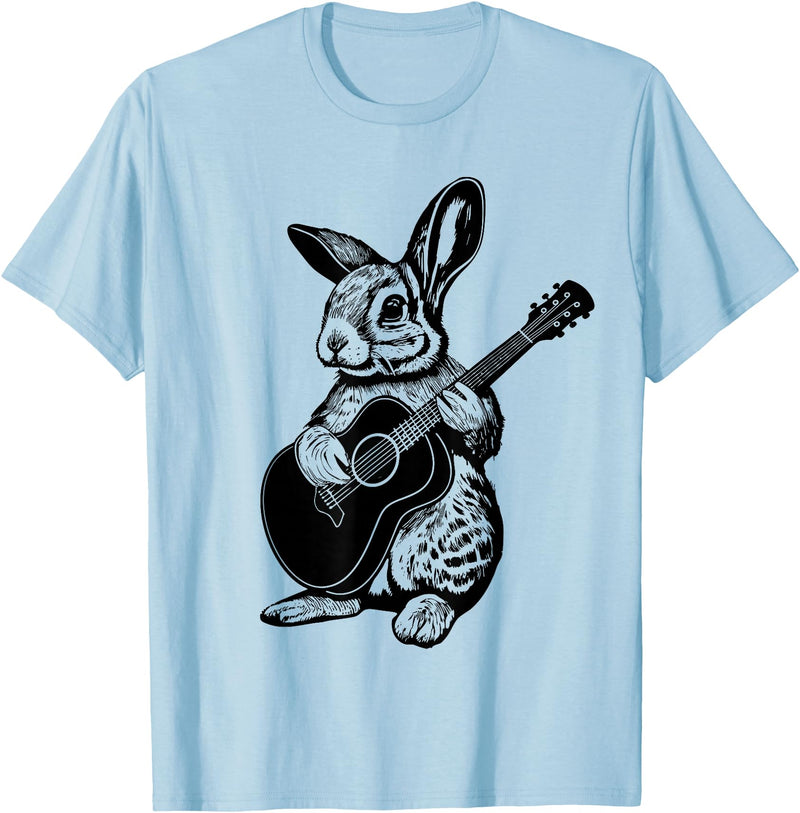 Bunny Playing Acoustic Guitar Easter Rabbit Women, Men, Kids T-Shirt in Baby Blue