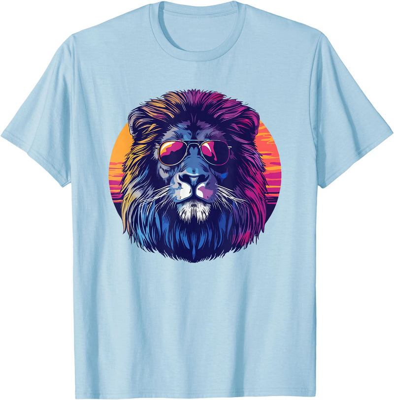 Cool lion gifts Lion gifts for kids Lion gifts men Lion with sunglasses retro sun T-Shirt - Baby Blue
