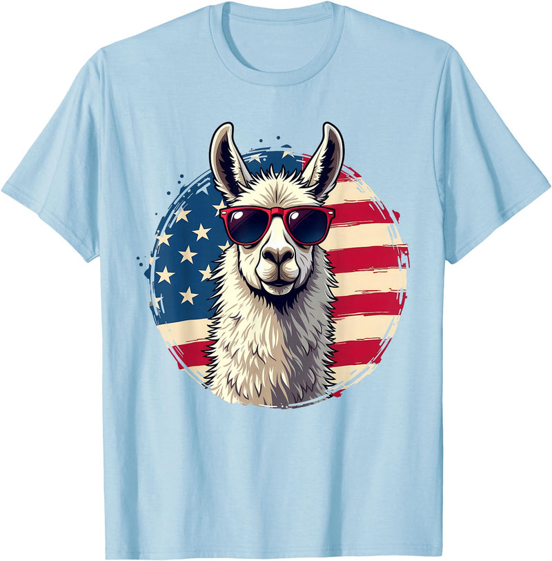 Funny Llama Alpaca Animal Lover Gifts Clothing Llama Alpaca American Flag USA Patriotic T-Shirt - Baby Blue