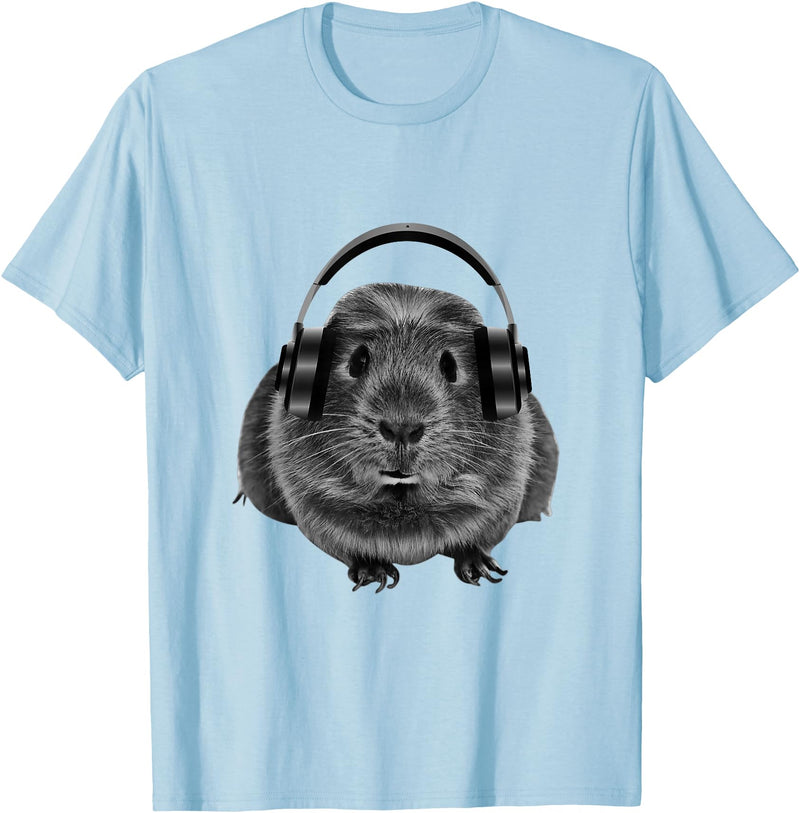 ROSS BOSS Funny Guinea Pig Graphic Tees Guinea Pig Shirt Headphones T-Shirt - Baby Blue