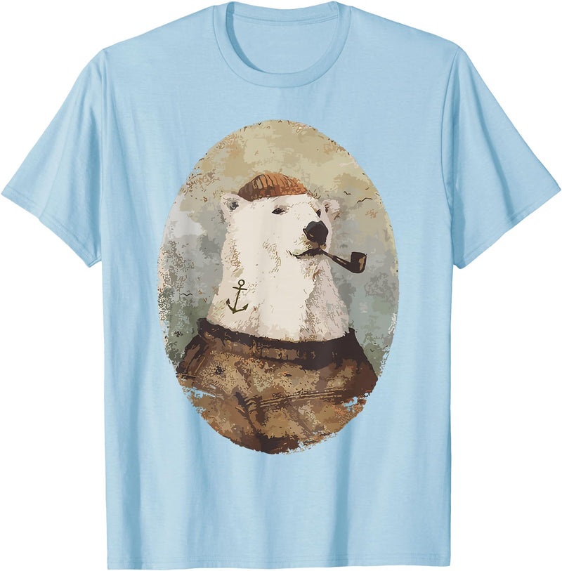 Polar bear Sailor Oil paint Inspired Cool Captain Polar Bear T-Shirt - Baby Blue