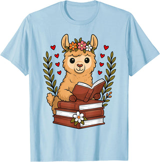 Bookworm Cute Llama Reading Book Llama Reading Book Graphic Llama with Book Floral T-Shirt - Baby Blue