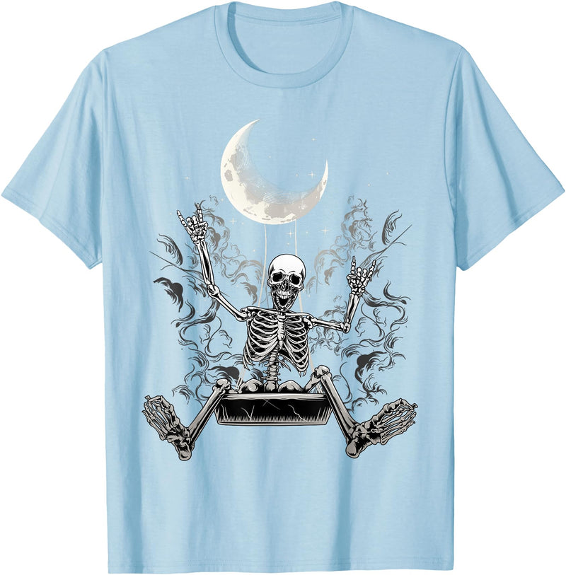 Skeleton Love Halloween Moon Skeleton Rock On Hand Spooky Halloween Rock Concerts T-Shirt - Baby Blue