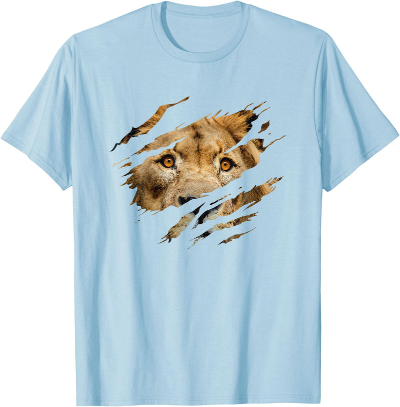 Lion Graphic - Wild Animal Lover Design Lion Outfit - Torn Design Picture Of A Lion's Face T-Shirt - Baby Blue