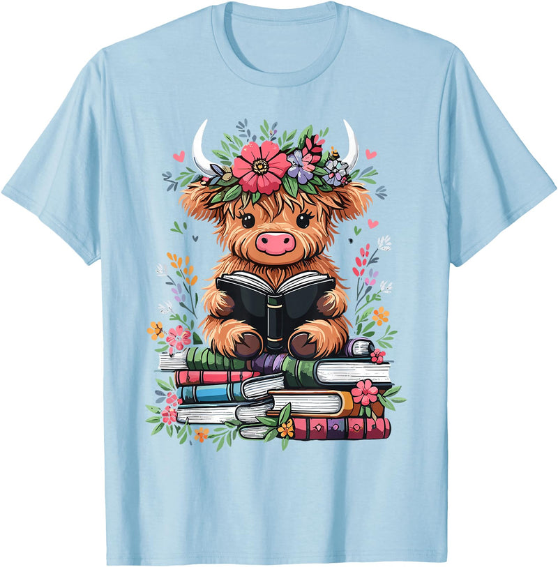 Funny Highland Cow Reading Books Lover Bookworm Cute Baby Highland Cow Reading Book T-Shirt - Baby Blue