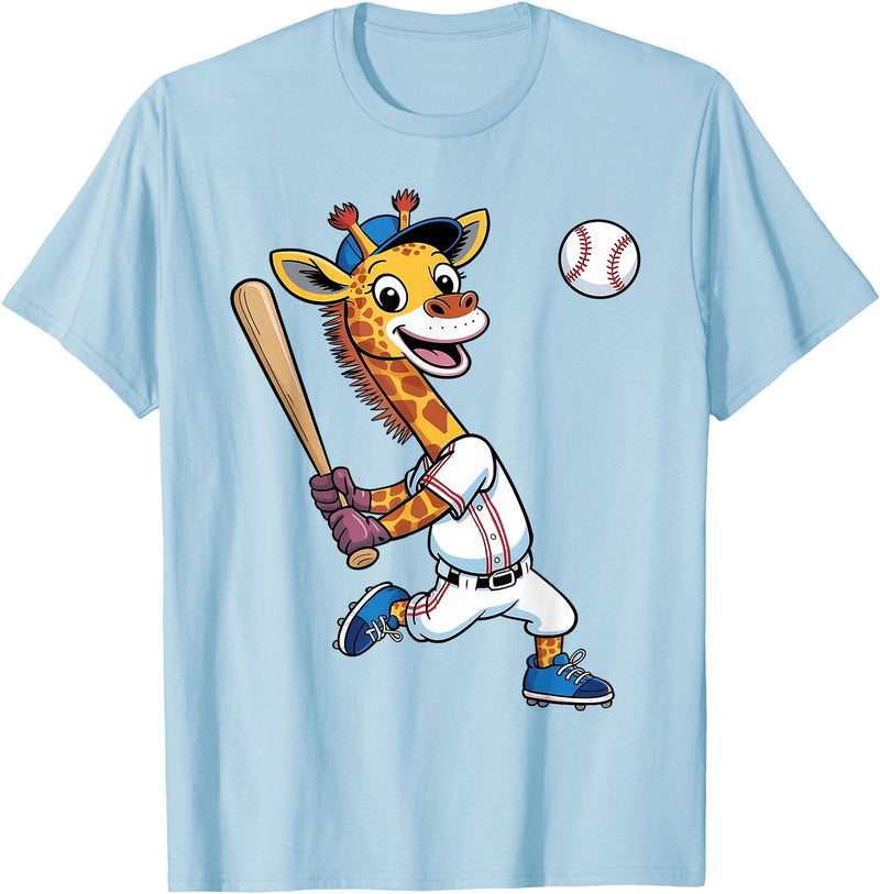 Giraffe Baseball Lover Giraffe Playing Baseball Boys Girls Kids Giraffe Animal T-Shirt - Baby Blue
