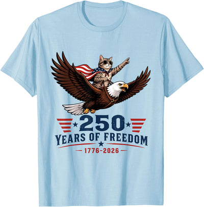 Cats Lovers 250th Anniversary USA Patriotic 250th Anniversary USA 4th of July 1776-2026 Cat Riding Eagle T-Shirt