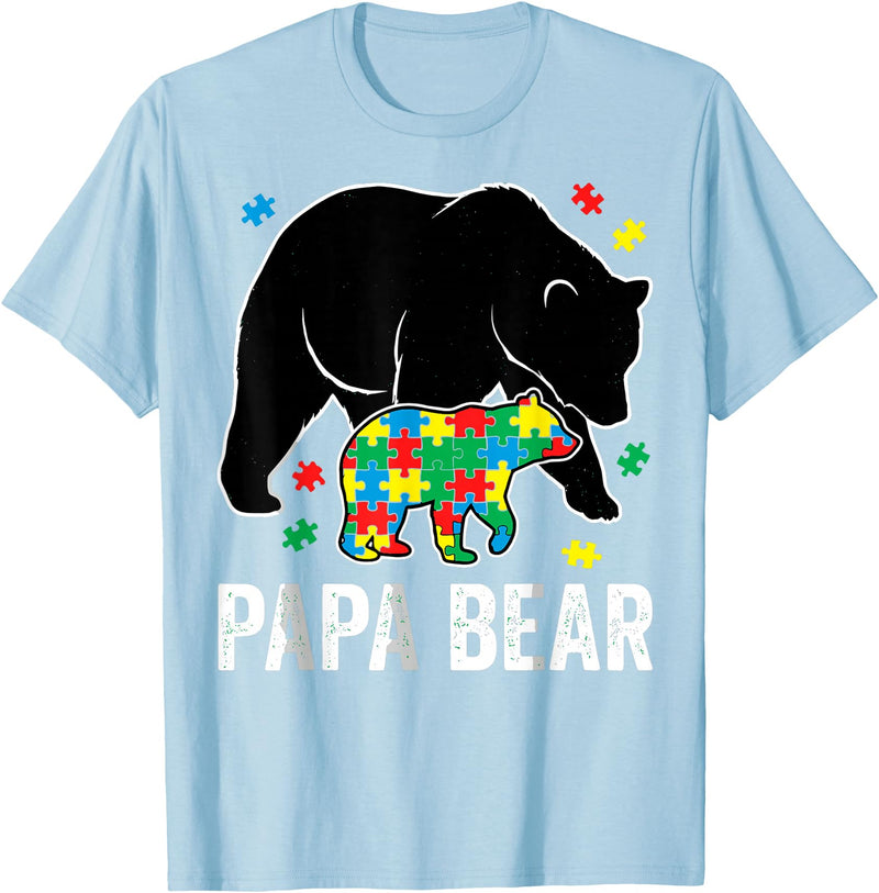 Autism Awareness Neurodiversity Support Apparel Papa Bear Autism Awareness Puzzle Neurodiversity Support T-Shirt - Baby Blue