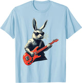 Rabbit Bunny Wearing Sunglasses Playing Guitar Musician T-Shirt in Baby Blue