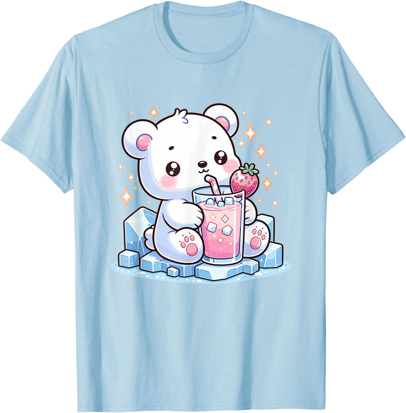 Cute Japanese Kawaii Animals Drinking Milk Co. Cute Kawaii Style Polar Bear Drinking Strawberry Milk T-Shirt - Baby Blue