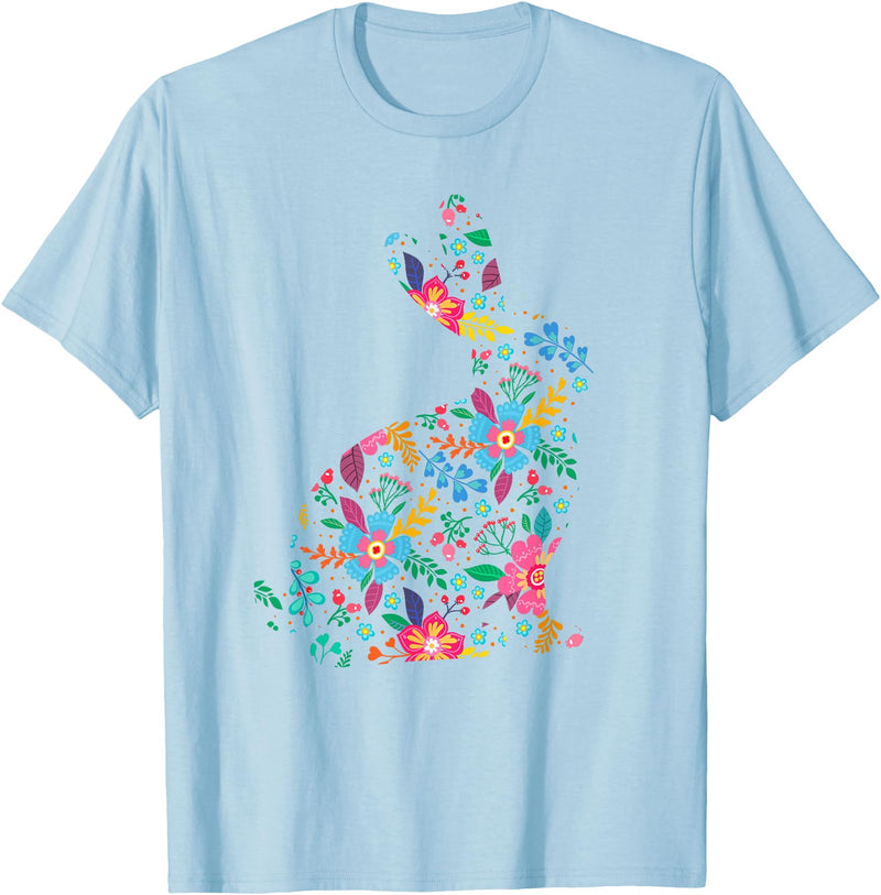 Floral Easter Women Girls Easter Bunny Spring Flowers Rabbit T-Shirt in Baby Blue