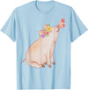 Watercolor Pink Pig With Floral And Butterfly Farm Design T-Shirt - Baby Blue