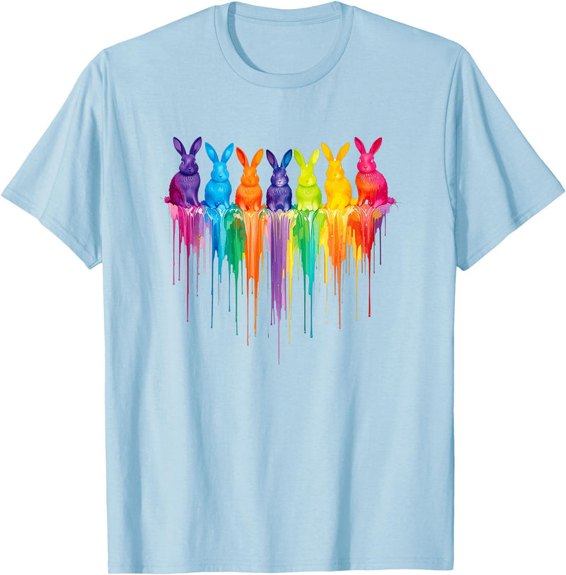 Vibrant Rainbow Bunnies Dripping Colors Easter T-Shirt in Baby Blue