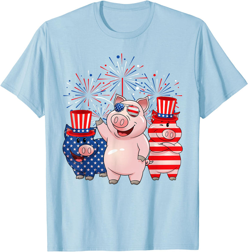 Ohia Three Patriotic Pigs USA Independence Day Tee Funny Red White Blue Pig American Flag Farmer 4th Of July T-Shirt - Baby Blue