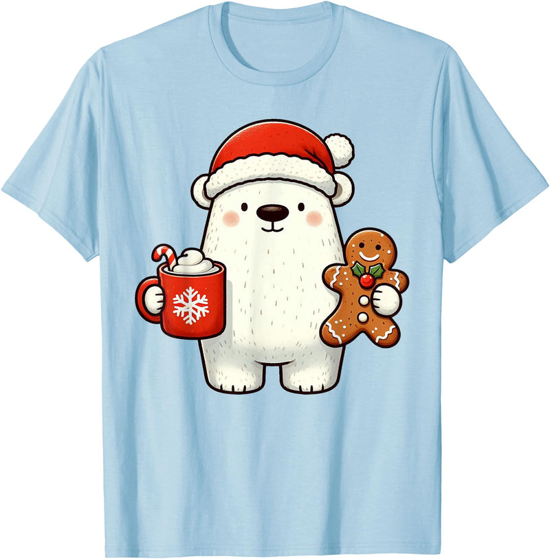 Cute Polar Bear Beanie Christmas Kawaii Japanese Polar Bear Santa Hat Christmas Holiday Xmas Coffee Cookies T-Shirt - Baby Blue
