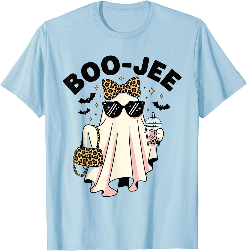Boo-Jee Ghost Halloween Tees for Women Women Girls BOU-JEE Ghost Boba Leopard Sassy Halloween T-Shirt - Baby Blue