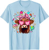Cute Highland Cow Funny Teacher Life Retro Cute Highland Cow Teacher Bow Flower Heart Glasses T-Shirt - Baby Blue