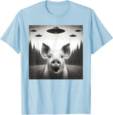 Funny Pig Selfie With UFOs Funny Pig Selfie UFO Alien Humor Vintage Print Art Design T-Shirt - Baby Blue