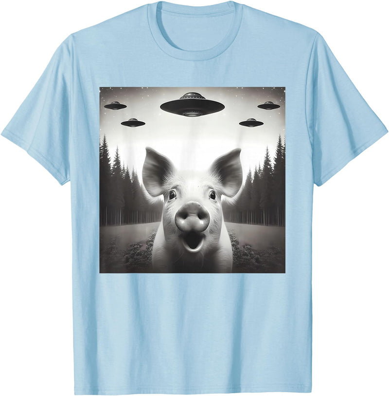 Funny Pig Selfie With UFOs Funny Pig Selfie UFO Alien Humor Vintage Print Art Design T-Shirt - Baby Blue