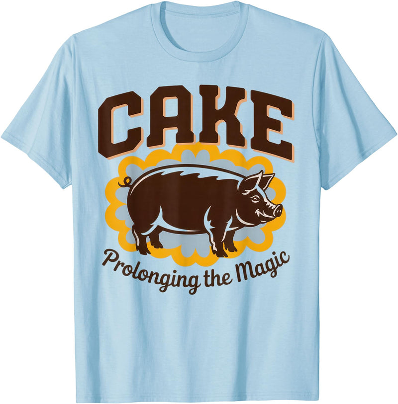Irony Barn Club for Alt Music and Dry Humor Fans Cake Prolonging the Magic Funny Retro Pig Expression Vibes T-Shirt - Baby Blue