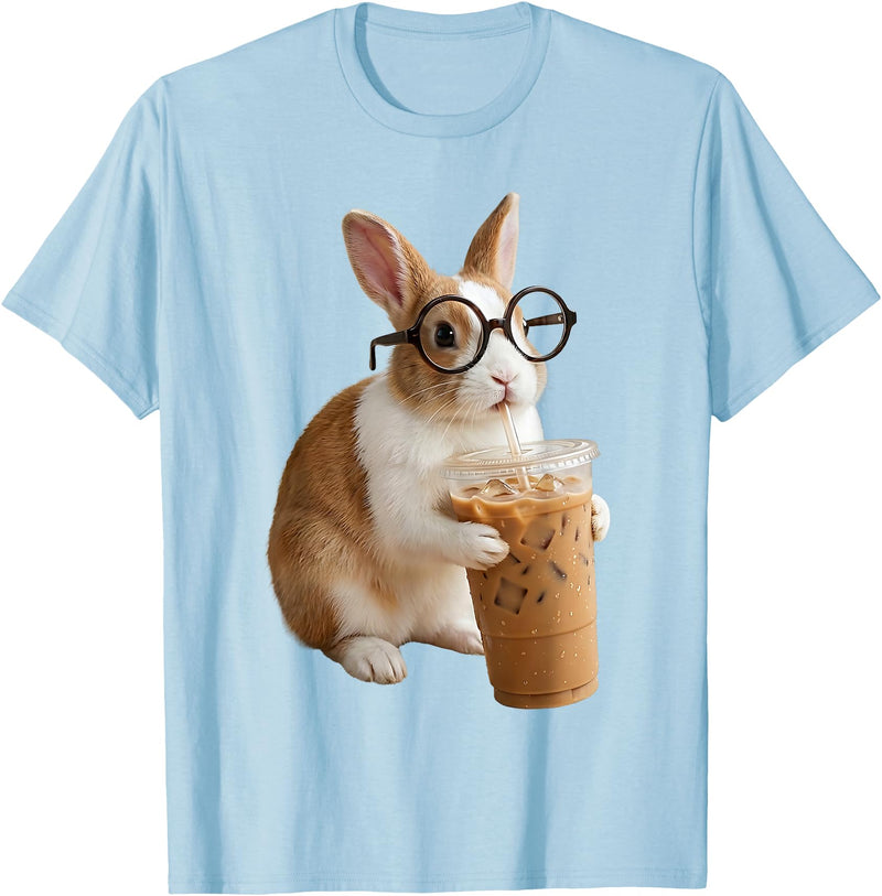 Funny Easter Bunny Drinking Iced Coffee Cute Rabbit Lovers T-Shirt in Baby Blue