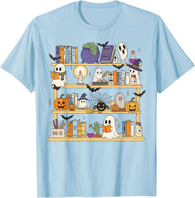 Halloween Ghost Bookshelf Teacher Fng Halloween Ghost Bookshelf Book Lover Teacher Men Women Kid T-Shirt