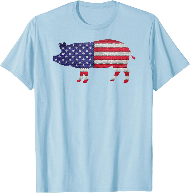 TeeRetro Patriotic Pig American Flag Vintage Funny Gift T-Shirt - Baby Blue