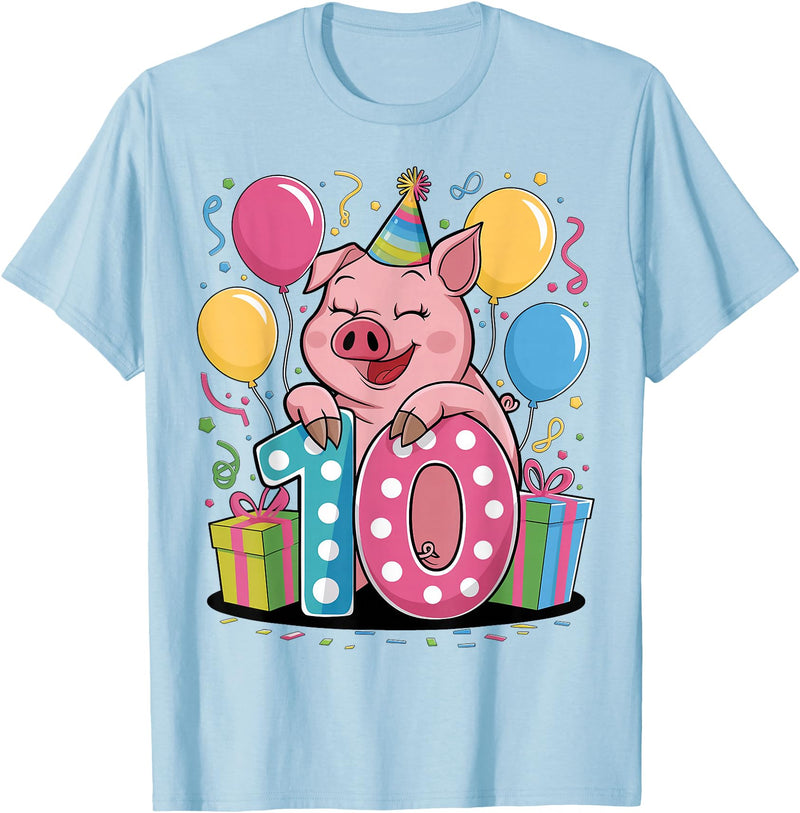 10th Girls, Boys Pig 10 Birthday Pig 10th birthday for boy girl 10 years old tenth ten Pig T-Shirt - Baby Blue