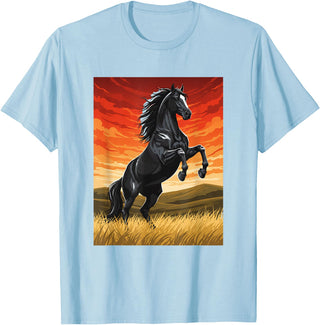 Horse Ranch Cowboy Western Equine Stallion Wy Black Horse Rearing Sunset Ranch Horse Art Print Wy T-Shirt - Baby Blue