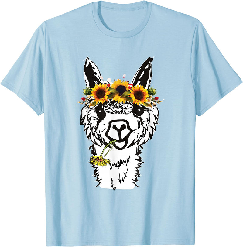 Funny Llama Alpaca Animal Lover Women's Floral Llama Alpaca Funny Graphics T-Shirt - Baby Blue