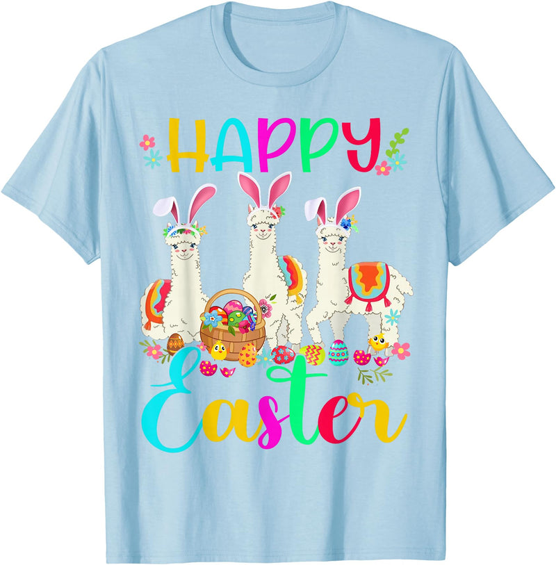 Happy Easter Three Llama Wearing Bunny Ear Happy Easter Llama Lover Three Llama Wearing Bunny Ear T-Shirt - Baby Blue
