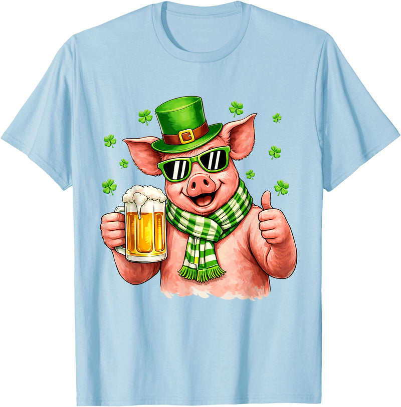Amt Pig & Drinking Beer Lovers Saint Patrick's Day Funny Pig Drinking Beer Leprechaun Shamrocks St Patricks Day T-Shirt - Baby Blue