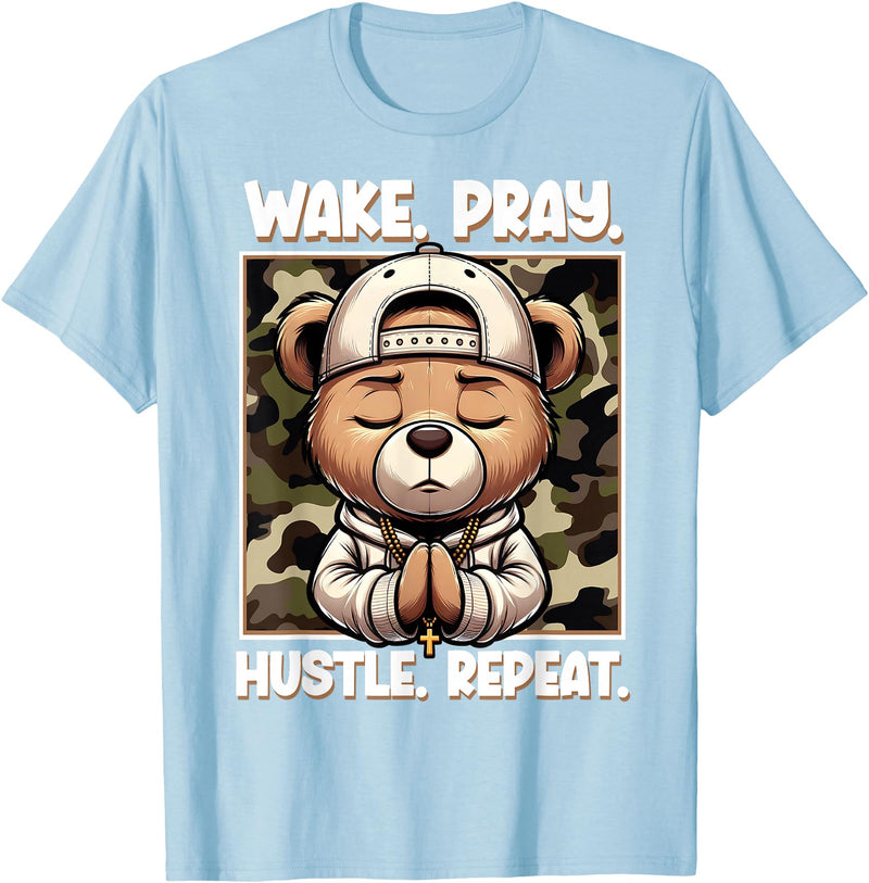 Camouflage Hip Hop Teddy Bear Hustle Grind Designs Wake Pray Hustle Repeat Hip Hop Teddy Bear Boys Teens Camo T-Shirt - Baby Blue