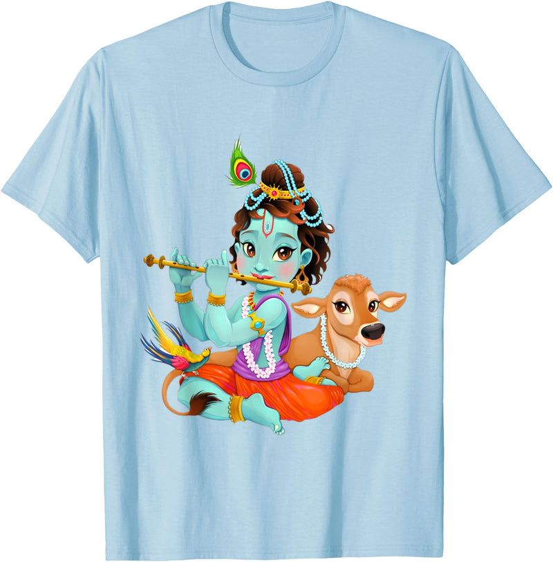 Clever Witty Designs Hindu god Lord Shri Krishna with a Cow and a Bird T-Shirt - Baby Blue