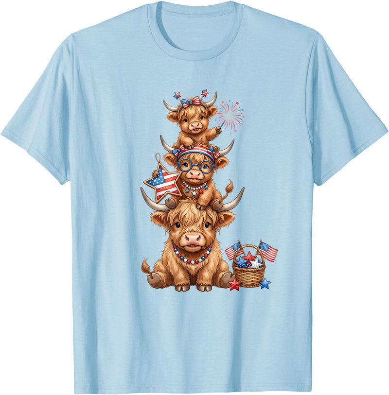 Funny 4th Of July Highland Cow Apparel Cute Highland Cow 4th of July Patriotic American Flag T-Shirt - Baby Blue