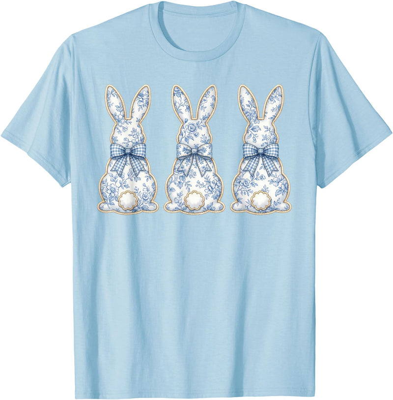 Blue Floral Easter Bunnies Chinoiserie Rabbit Bow T-Shirt in Baby Blue