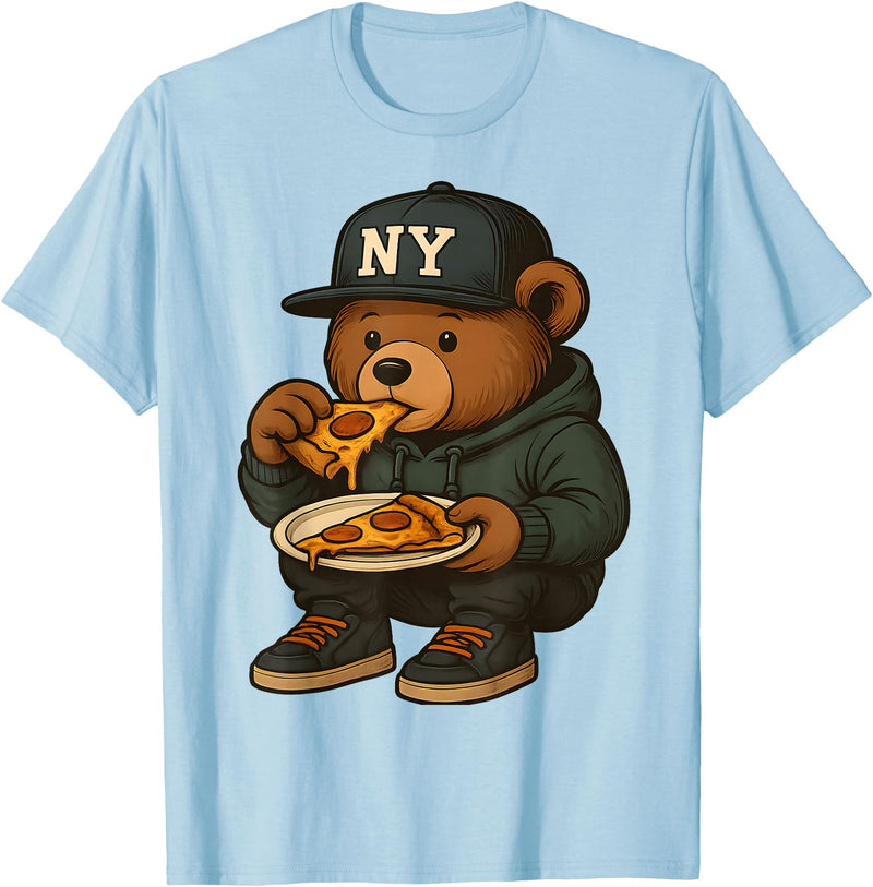Street Food Streetwear & Hip Hop Style Designs Hip Hop Teddy Bear Eating New York Style Pizza Teenager Men T-Shirt - Baby Blue