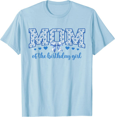 Coquette Blue Toile Birthday Girl Party Mom of The Birthday Girl Blue Chinoiserie Floral Bow T-Shirt