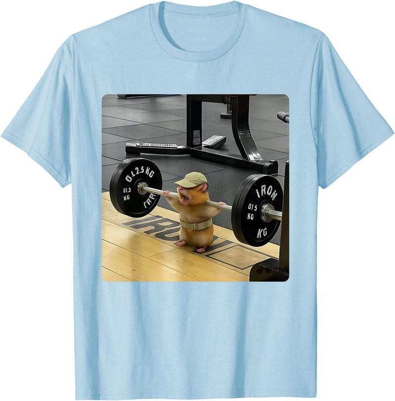 Hamster Deadlift Training Funny Cute Rat Weightlifting Meme T-Shirt - Baby Blue