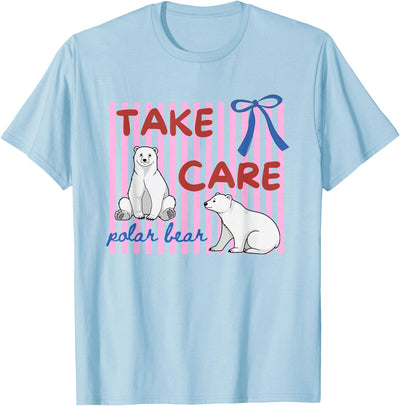 Last day of School Teacher Team Tee Pink Striped Take Care Polar Bear End of Year Teacher Team T-Shirt